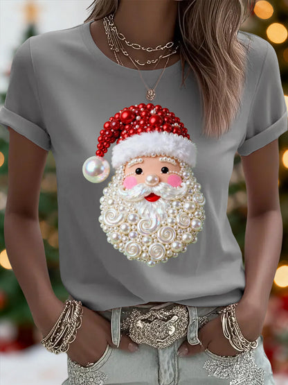 Women's Christmas Pearl Santa Claus Print Casual Tee