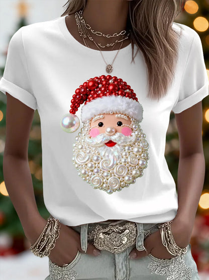 Women's Christmas Pearl Santa Claus Print Casual Tee