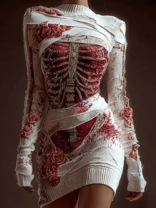 Women's Classy Skeleton Anatomy Bloody Roses Bandages Knit Sweater Dress