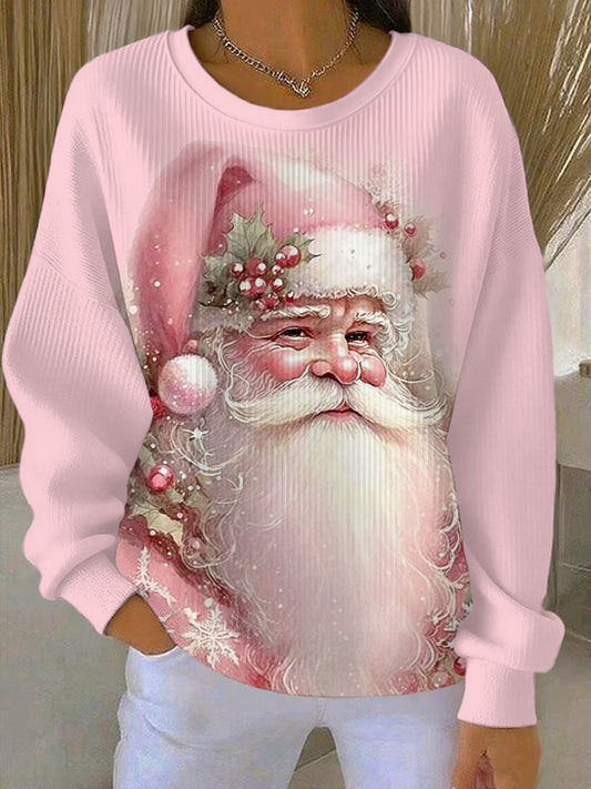 Women's Vintage Pink Christmas Santa Claus Print Casual Sweatshirt