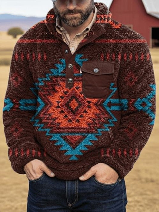 Men's Retro Western Aztec Print Casual Plush Pullover