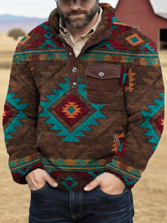 Men's Retro Western Aztec Print Casual Plush Pullover