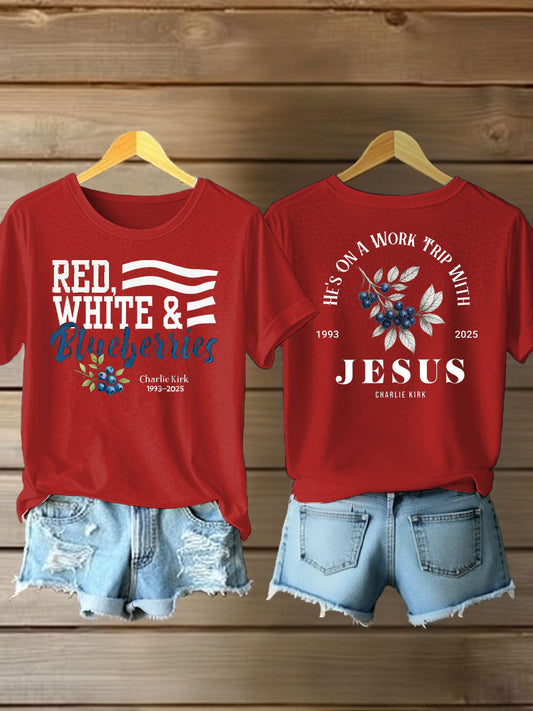 Women's red white blueberries Printed Iron On Short Sleeve T-Shirt