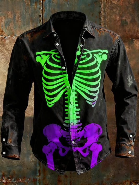 Men's Retro Punk Halloween Skull Skeleton Abstract Print Casual Long Sleeve Shirt