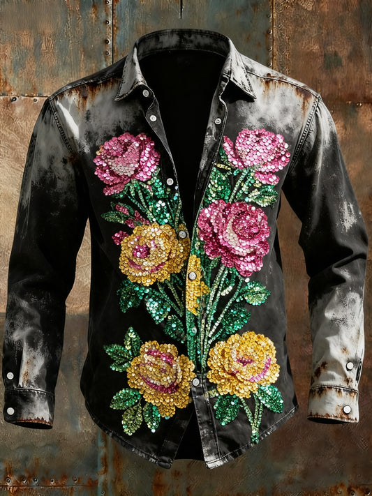 Retro Punk Halloween Glitter Multicolored Floral Party Abstract Print Casual Long Sleeve Shirt