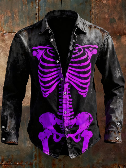 Men's Retro Punk Halloween Skull Skeleton Abstract Print Casual Long Sleeve Shirt