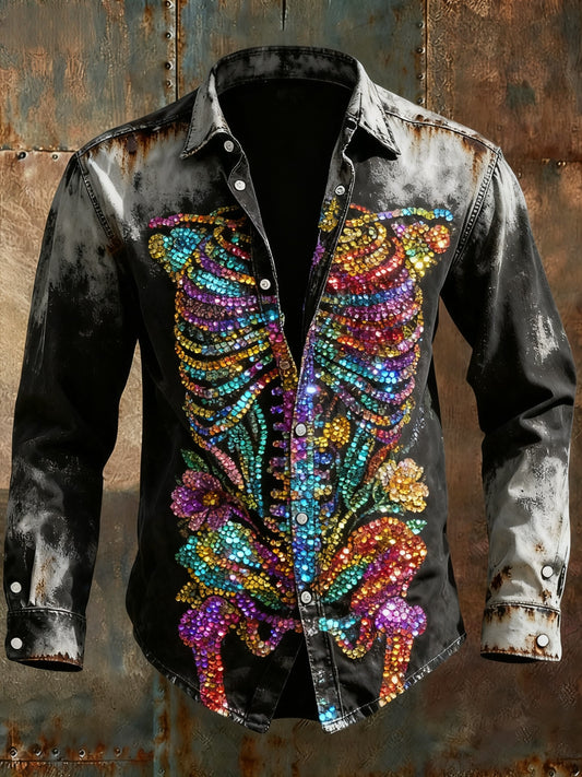Retro Punk Halloween Sequined Multicolored Skull Skeleton Abstract Print Casual Long Sleeve Shirt