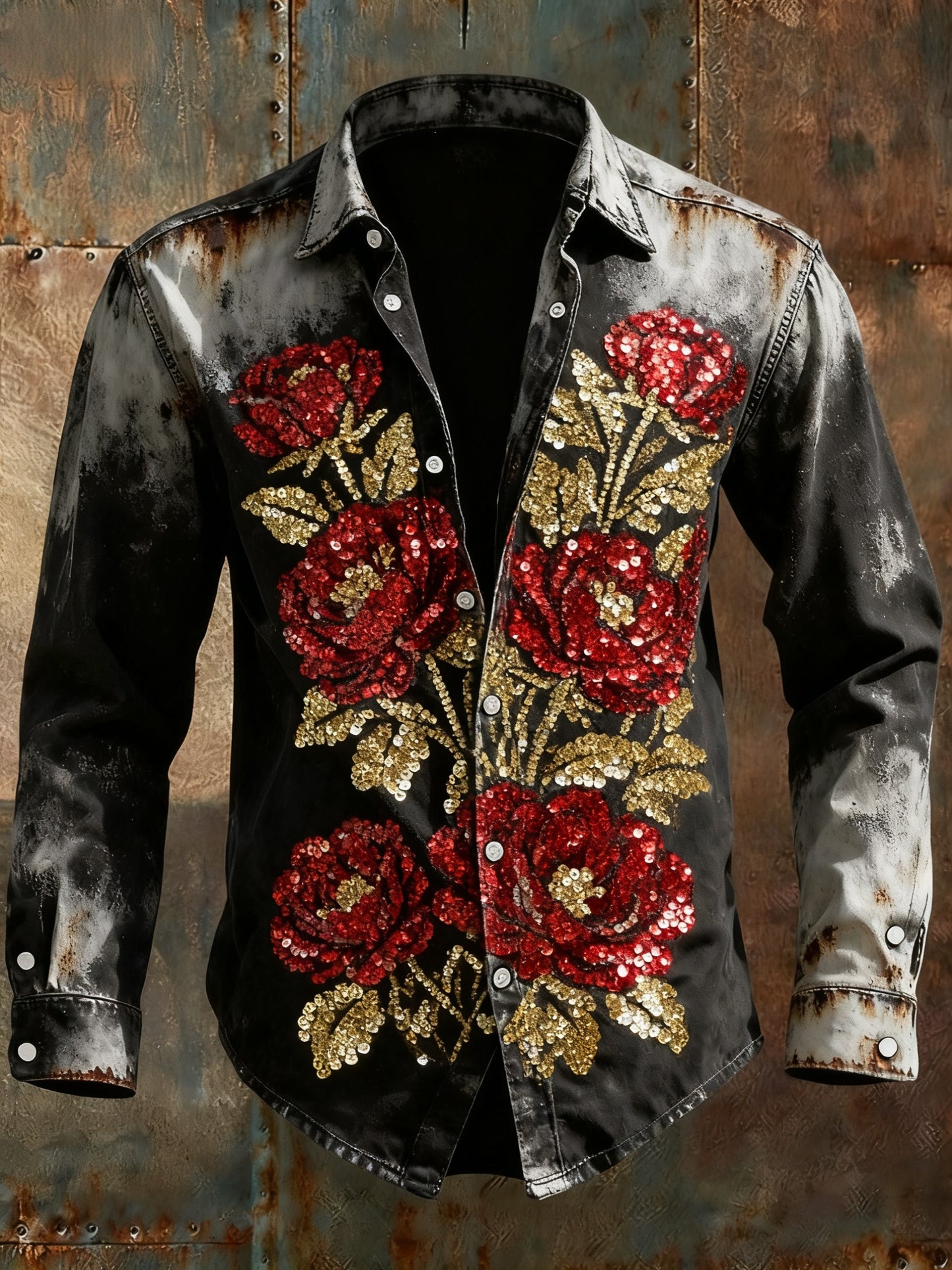 Retro Punk Halloween Glitter Multicolored Floral Party Abstract Print Casual Long Sleeve Shirt
