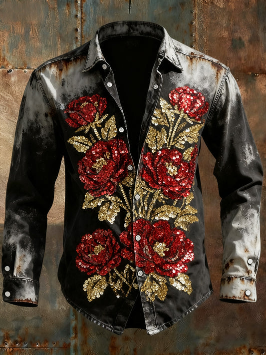 Retro Punk Halloween Glitter Multicolored Floral Party Abstract Print Casual Long Sleeve Shirt