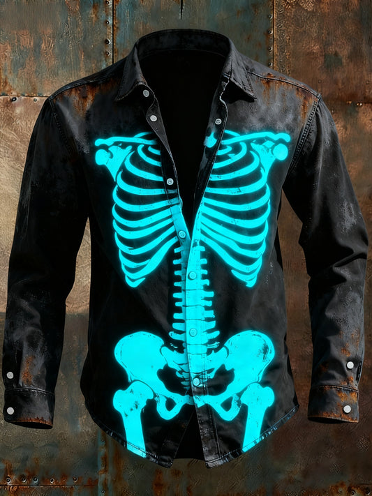 Men's Retro Punk Halloween Skull Skeleton Abstract Print Casual Long Sleeve Shirt