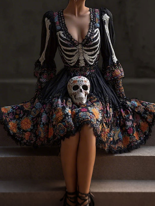 Women's Day of the Dead Skull Floral Print Dress