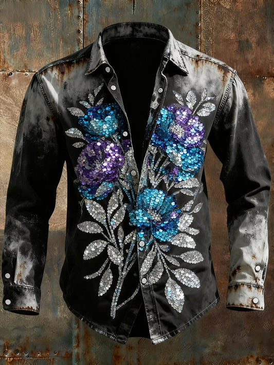 Retro Punk Halloween Glitter Multicolored Floral Party Abstract Print Casual Long Sleeve Shirt