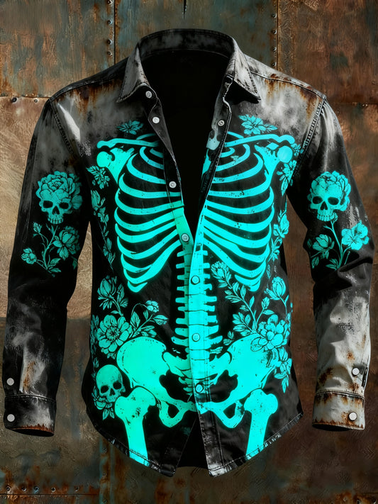 Men's Retro Punk Halloween Skull Floral Skeleton Abstract Print Casual Long Sleeve Shirt
