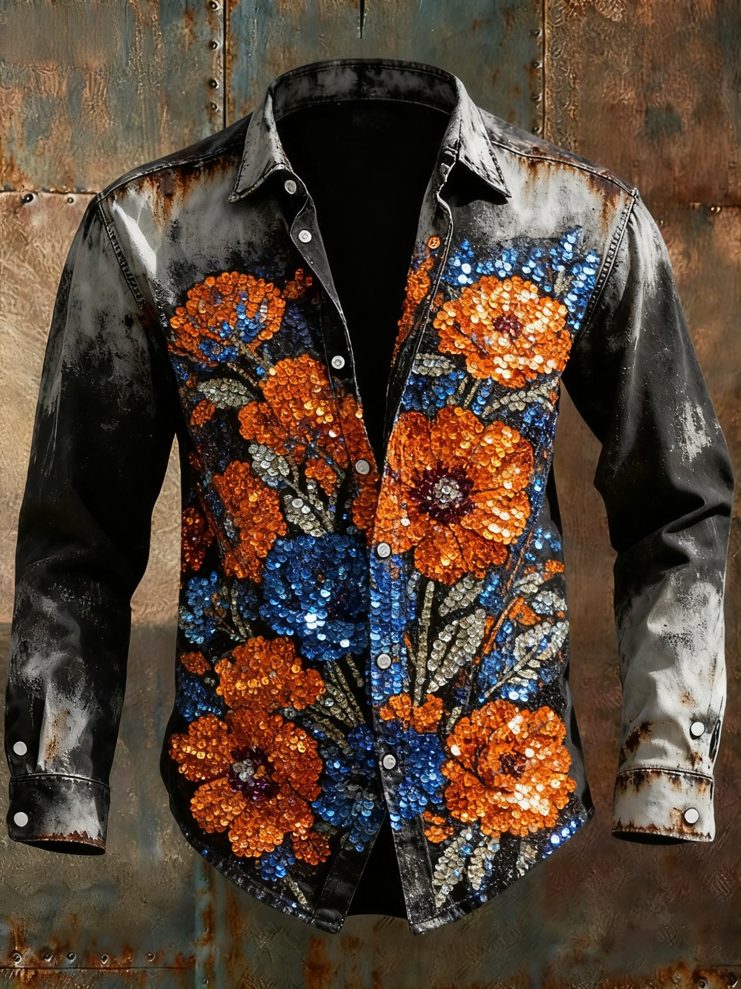 Retro Punk Halloween Glitter Multicolored Floral Party Abstract Print Casual Long Sleeve Shirt