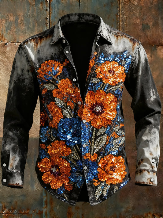 Retro Punk Halloween Glitter Multicolored Floral Party Abstract Print Casual Long Sleeve Shirt