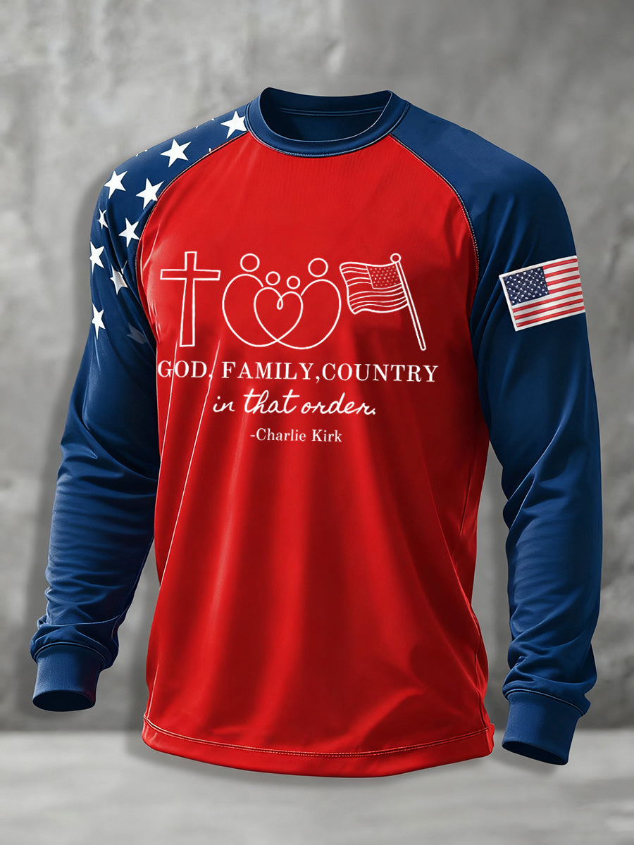 Men's God Family Country Charlie Kirk long sleeve round neck T-shirt