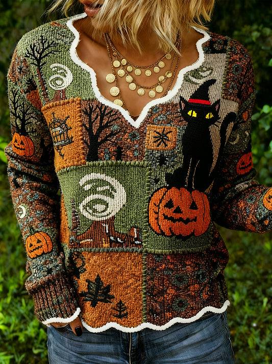 Women's Halloween Black Cat & Pumpkin Patchwork Art Printed V-Neck Long Sleeve Top