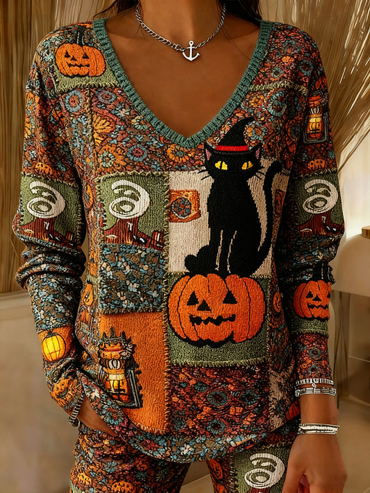 Women's Halloween Black Cat & Pumpkin Patchwork Art Printed V-Neck Ribbed Top