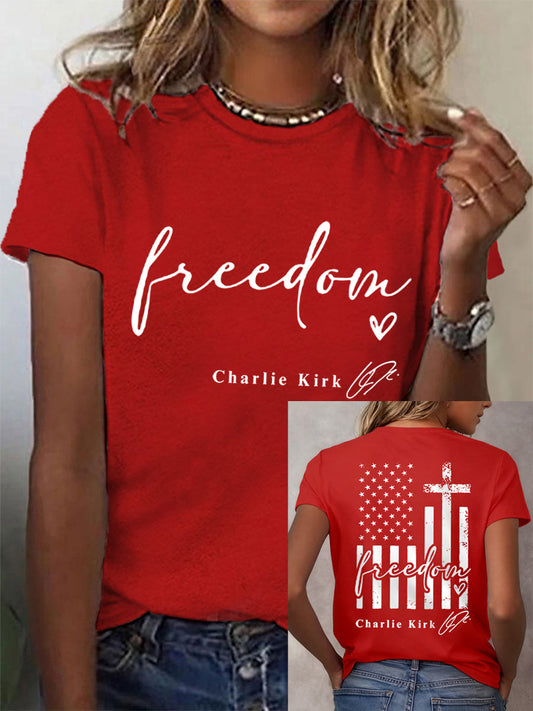 Women's Freedom Charlie Kirk USA Flag Print Tee