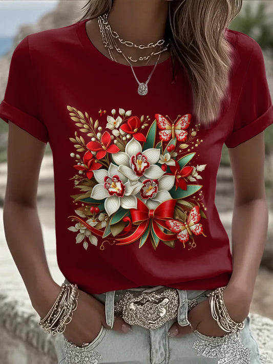 Women's Christmas Printed Vintage Fashion Loose Short Sleeve T-Shirt