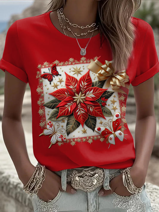 Women's Christmas Printed Vintage Fashion Loose Short Sleeve T-Shirt