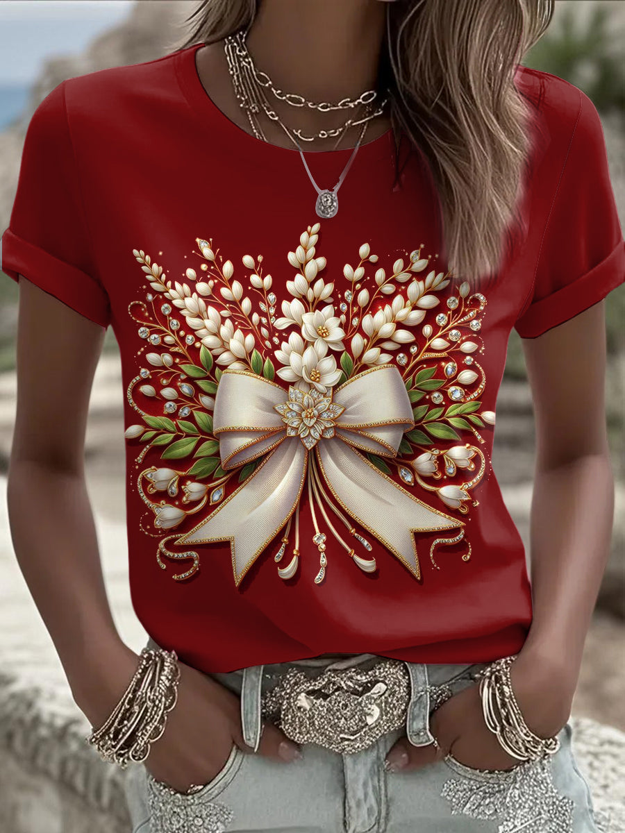 Women's Christmas Printed Vintage Fashion Loose Short Sleeve T-Shirt