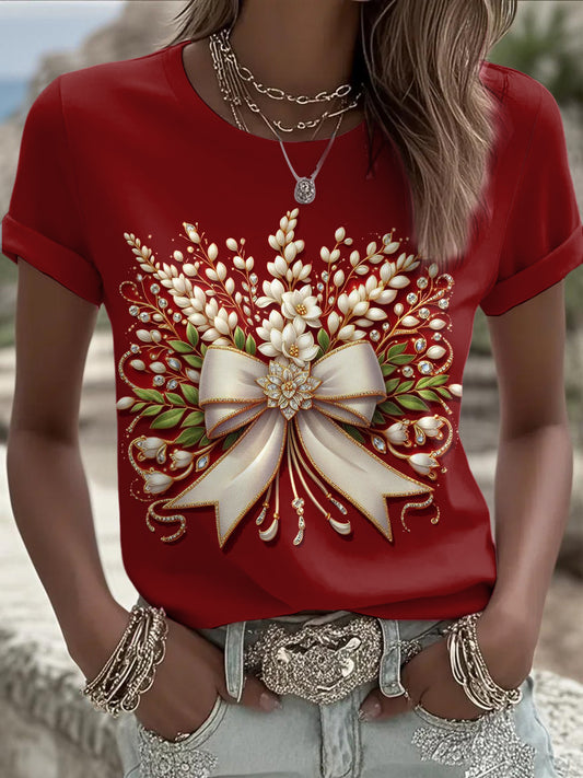 Women's Christmas Printed Vintage Fashion Loose Short Sleeve T-Shirt