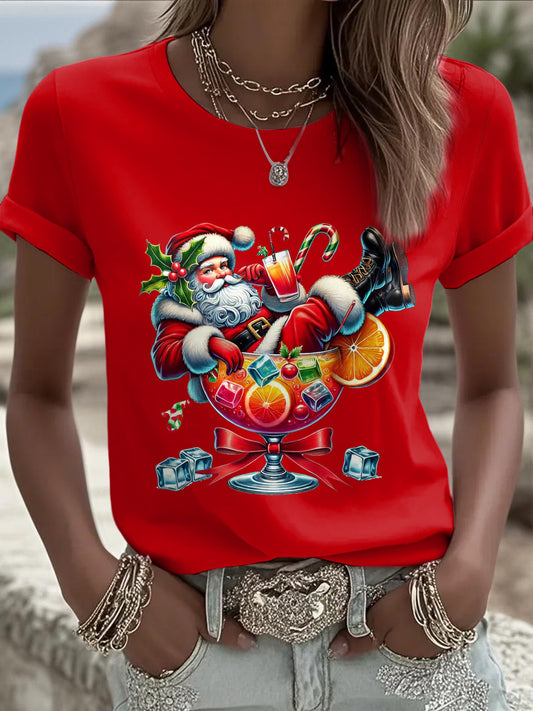 Women's Christmas Funny Santa Claus Printed Vintage Fashion Loose Short Sleeve T-Shirt