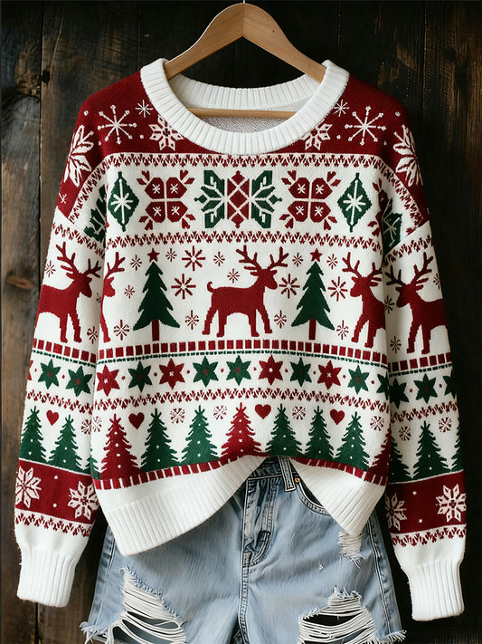 Women's Christmas Vintage Animal Floral Art Casual Sweater