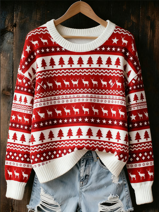 Women's Christmas Vintage Animal Floral Art Casual Sweater
