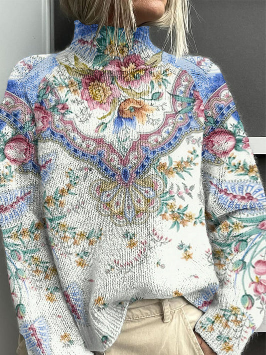 Women's Colourful Floral Half-Turtleneck Jumper