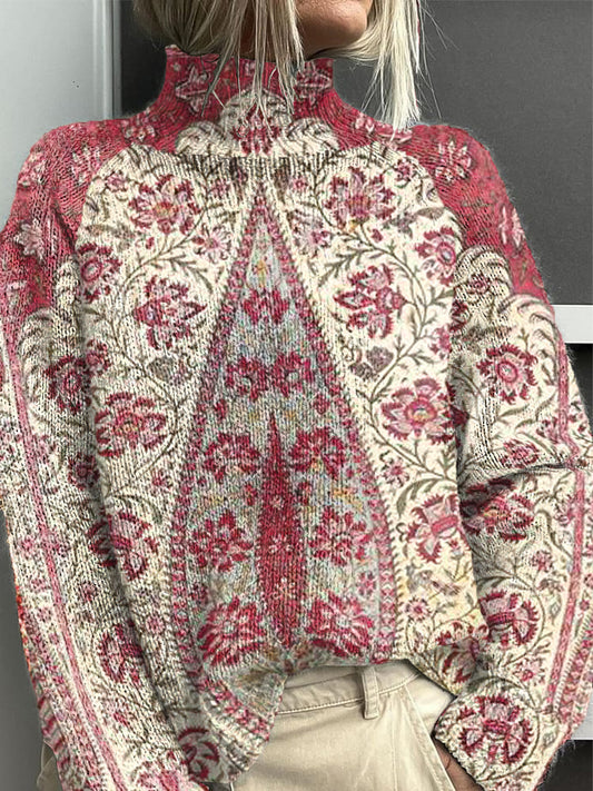 Women's Pink Paisley Half-Turtleneck Jumper