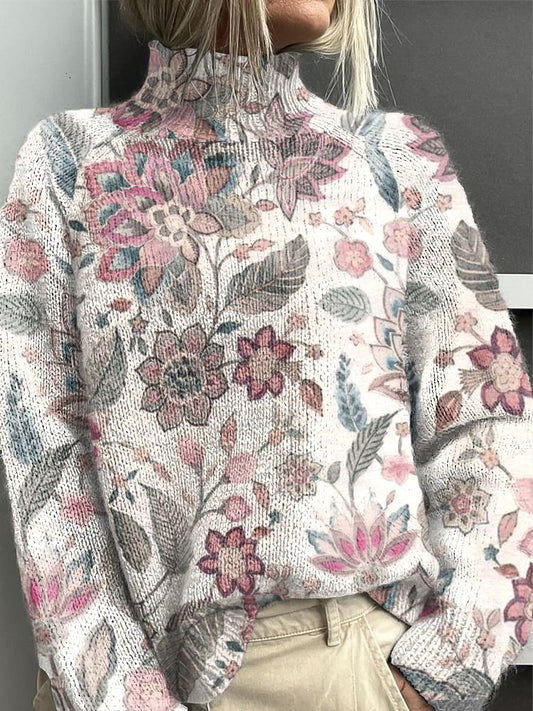 Women's Floral Grey-White Turtleneck Jumper
