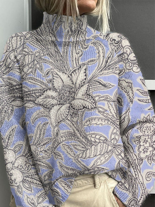 Women's Light Purple Floral Half-Turtleneck Jumper