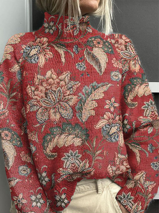 Women's Burgundy Floral Half-Turtleneck Jumper