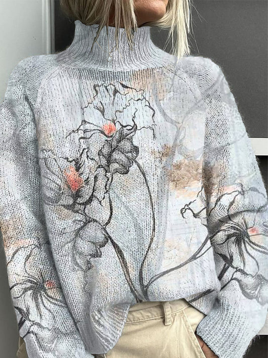 Women's Floral Fashion Half-Turtleneck Jumper
