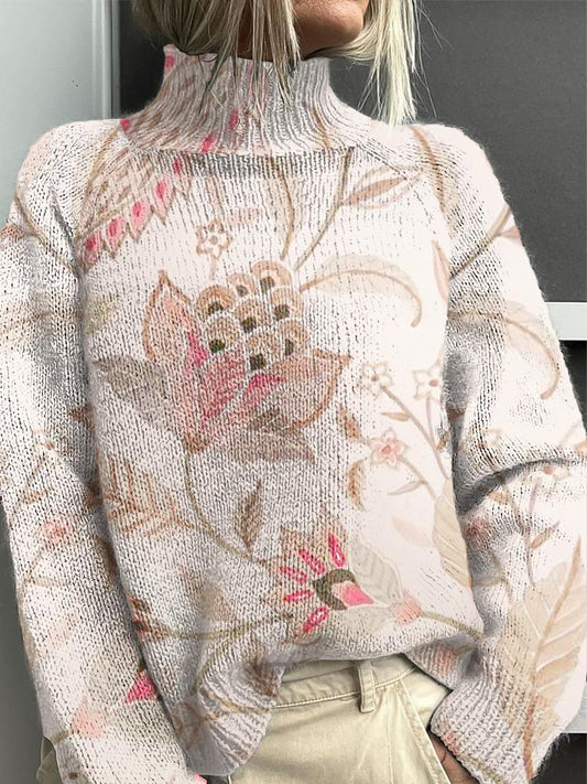 Women's Floral Light Pink Elegant Turtleneck Jumper