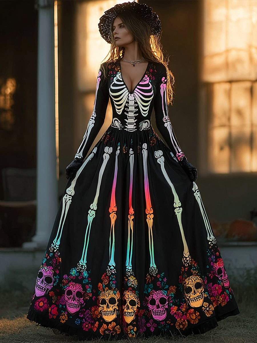 Women's Day of the Dead Skeleton V-Neck Dress