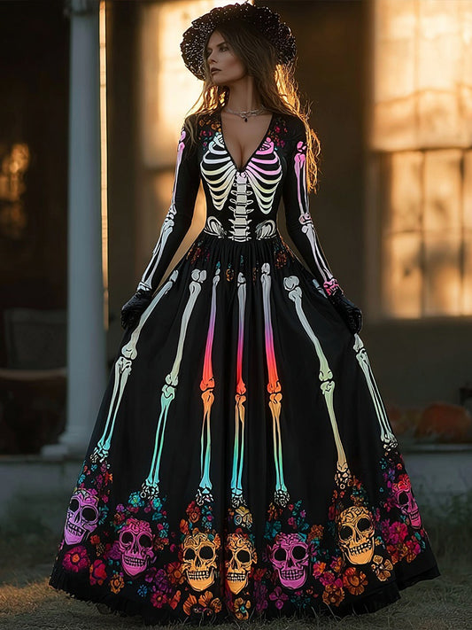 Women's Day of the Dead Skeleton V-Neck Dress