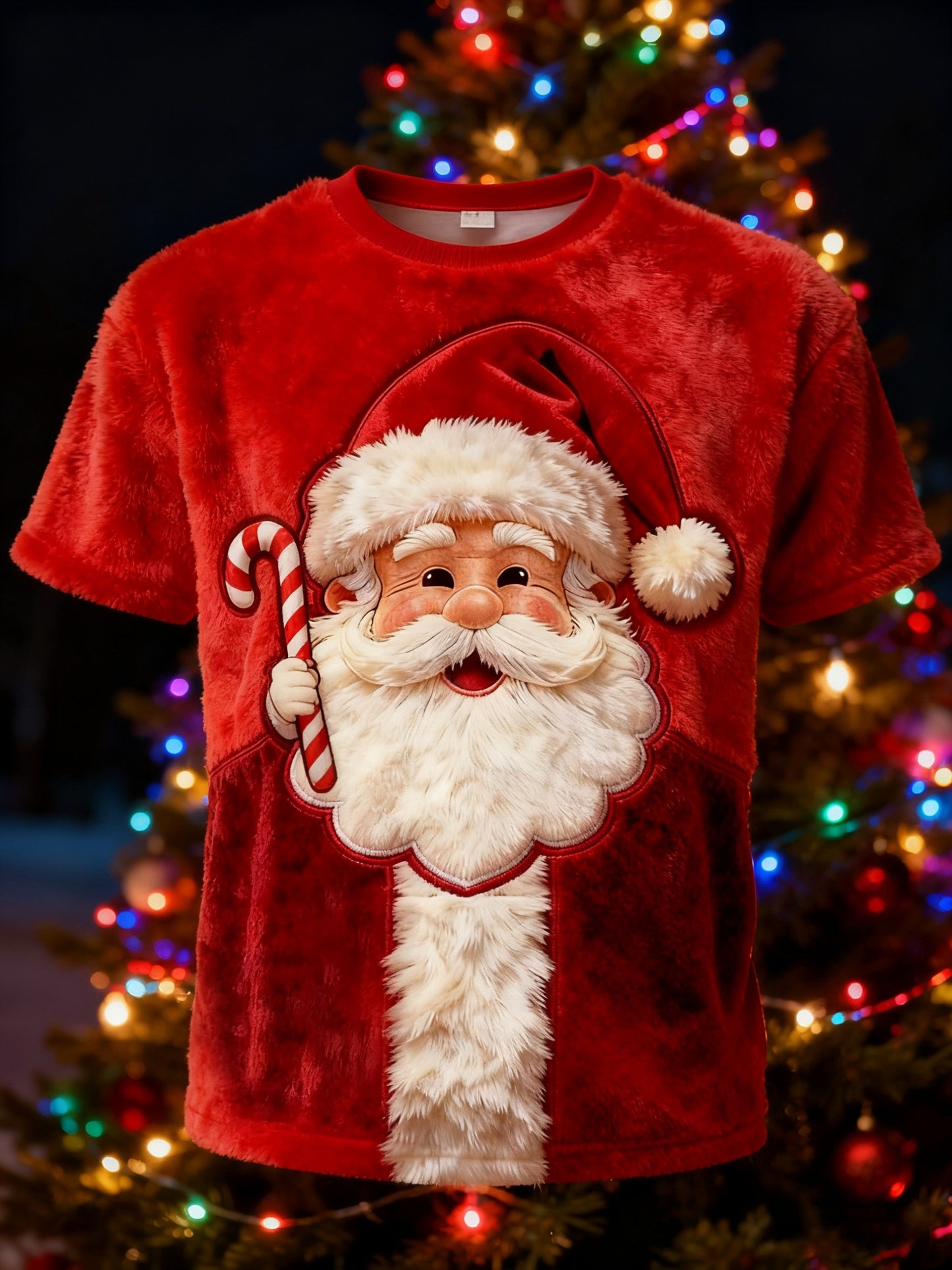 Retro Christmas Grandad Print Plush Short-Sleeved T-Shirt