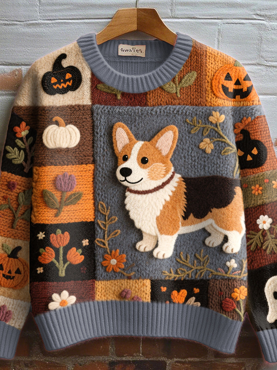 Women's Fall Inspired Corgi Dog Felt Art Cozy Knit Sweater