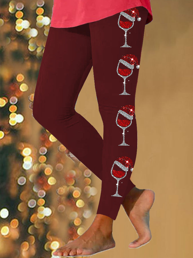 Women's Christmas Red Wine Glass Print Casual Leggings