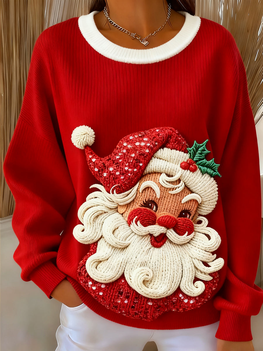 Women's Christmas Santa Claus Art Ribbed Round-Neck Sweatshirt