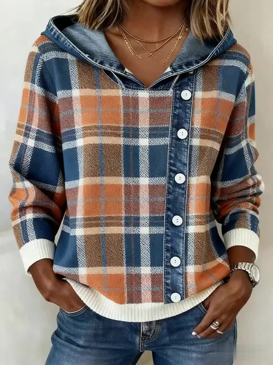 Women's Vintage Plaid Pattern Patchwork Art Hoodie