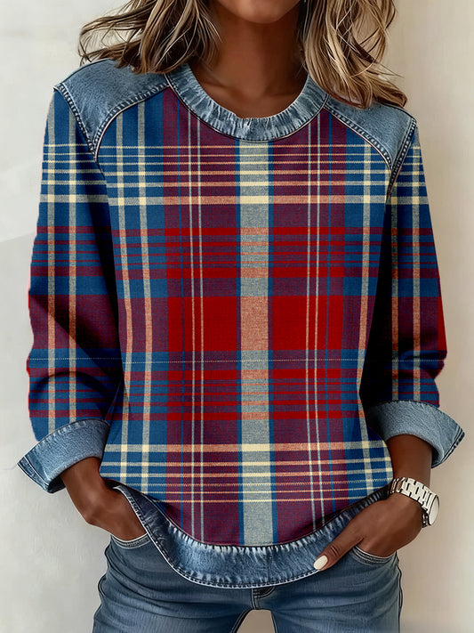 Women's Vintage Plaid Pattern Patchwork Art Sweatshirt