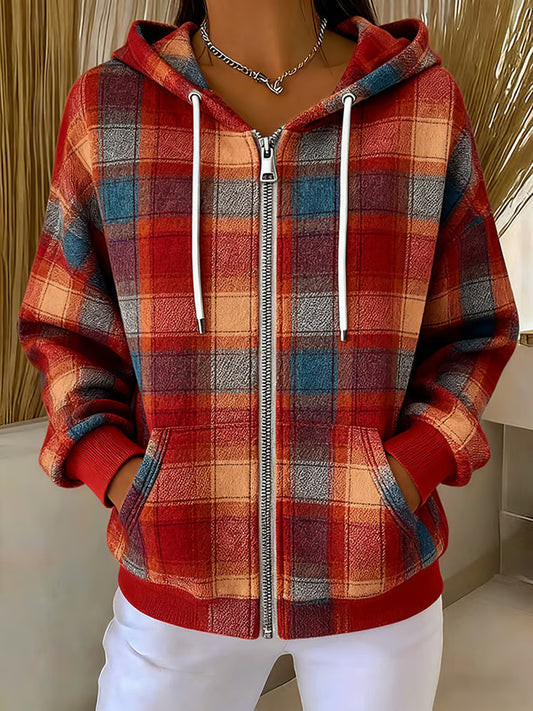Women's Autumn Thanksgiving Plaid Zip-Up Hoodie