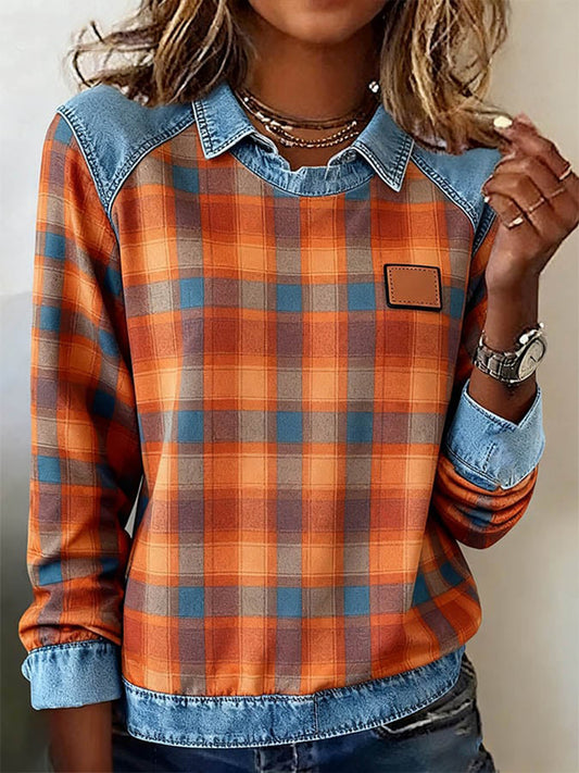 Women's Fall Plaid Pattern Patchwork Art Sweatshirt