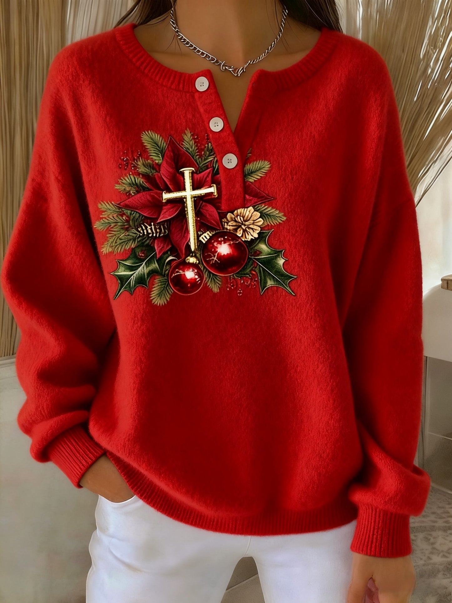 Women's Vintage Christmas Faith Print Long-sleeve Sweater