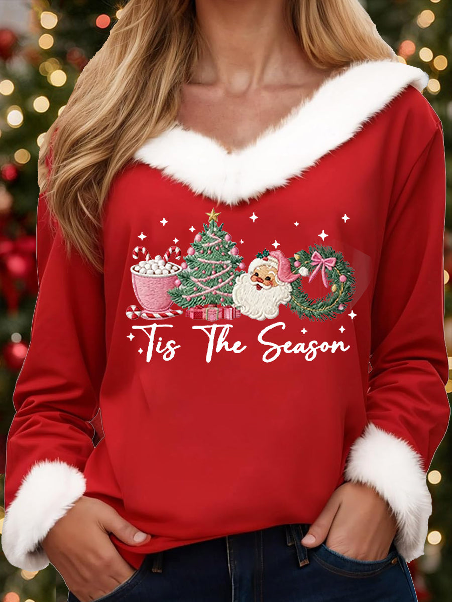 Women's Merry Christmas Christmas Santa Claus Print Casual Fur-Collar Top