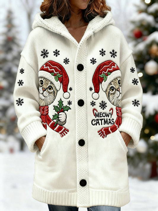 Women's Cute Christmas Cat Print Casual Mid-Length Hooded Cardigan